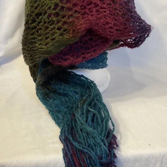 Oversized Knit Scarf 94" x 18" Teal Purple Magenta Fringed Boho Wrap Open Weave - Picture 5 of 8